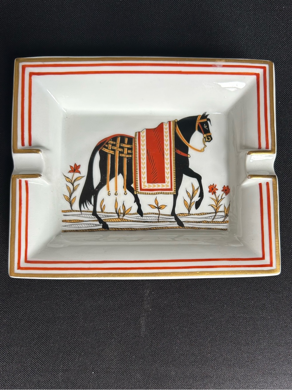 Hermes Vintage Porcelain Horse Accent Ashtray - White with Orange & Gold Trim
